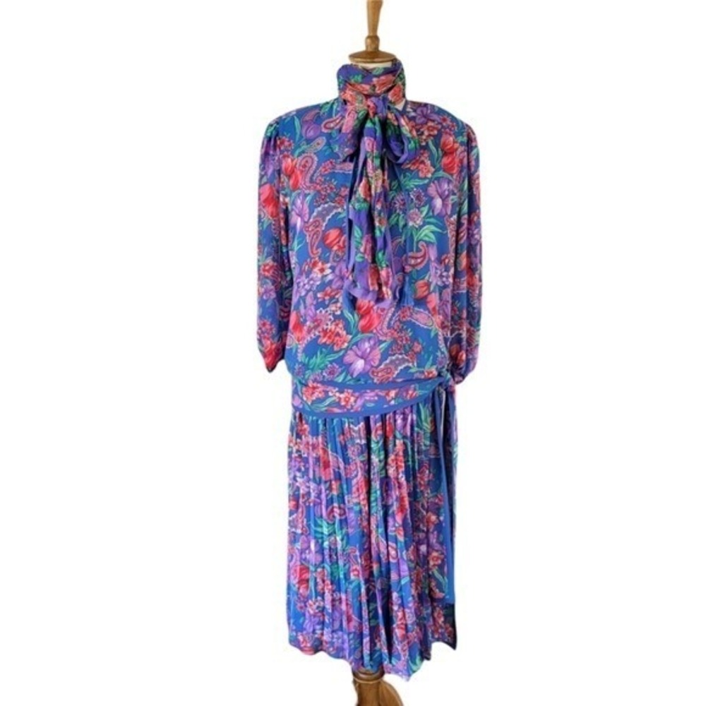 Vintage 80's Diane Freis Original Blue Floral Georgette Floral 3 Piece Set - Picture 3 of 7